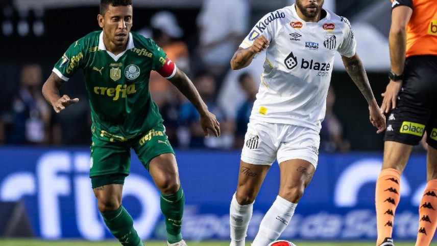 Marcos Rocha, do Palmeiras, e Guilherme, do Santos, durante jogo do Paulistão (Foto: Jhony Inacio/Ag Estado)