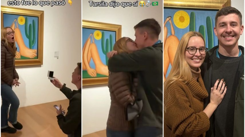 Gaúcha chamada Tarsila foi surpreendida pelo então namorado com pedido de casamento surpresa em frente à obra de Tarsila do Amaral (Foto: Reprodução / Instagram)