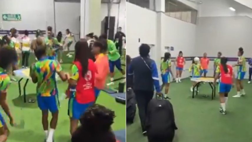 Seleção brasileira aquecendo em espaço reduzido e fechado na Copa América feminina (Foto: Reprodução/Redes sociais)