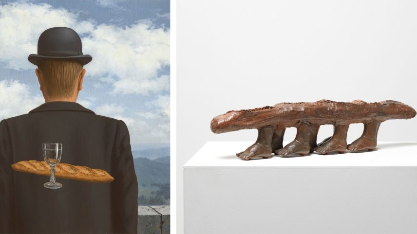 Pintura de Rene Magritte, L'ami intime (O Amigo Íntimo) (1958) e escultura de Claude Lalanne, Pain Pieds (Pão com Pés) (1971) são duas das obras apresentadas na nova exposição. © 2025 C. Herscovici, Bruxelas / Artists Rights Society (ARS), Nova Iorque; © Claude Lalanne / ADAGP, Paris