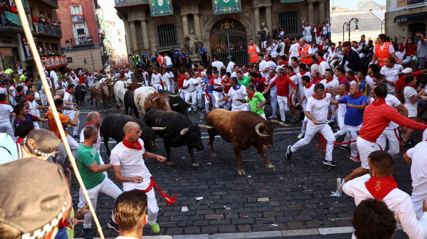 Foliões correm com touros da La Palmosilla no festival de San Fermin, em Pamplona (Foto: Albert Gea/REUTERS)