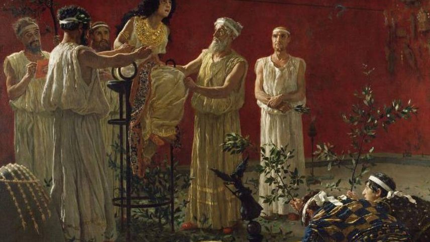 O Oráculo, pintado por Camillo Miola em 1880, mostra a Pitonisa cercada por sacerdotes ou oficiantes no oráculo de Delfos (Foto: Getty Images)