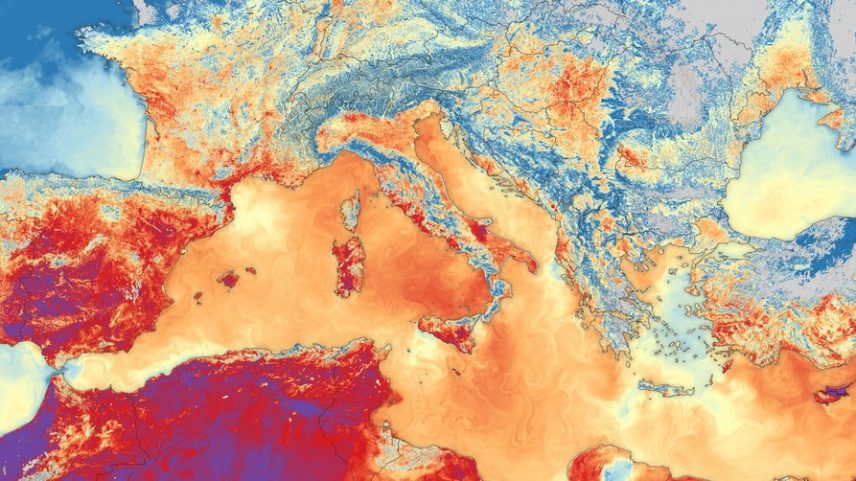 Imagem de satélite mostra temperaturas da superfície da terra e do mar no sul da Europa e norte da África em 29 de junho de 2025. (Foto: Dados do Copernicus Sentinel (2025), processados ​​pela ESA)