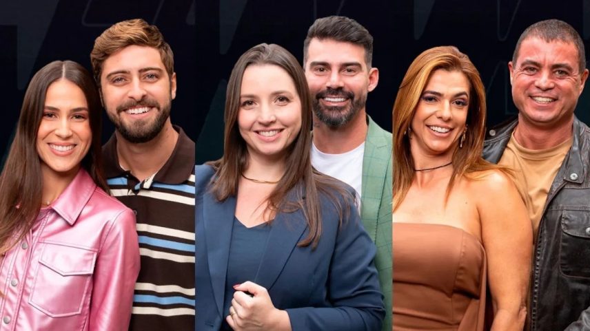 Nat e Eike, Carol e Radamés, e Adriana e Dhomini: participantes estão na berlinda do 'Power couple 2025' (Foto: Divulgação/RecordTV)