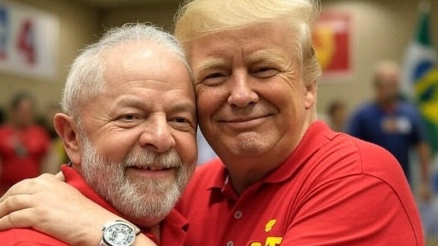 Trump e Lula na cerimônia de filiação do presidente americano ao PT (Foto: Imagem gerada com inteligência artificial Grok)