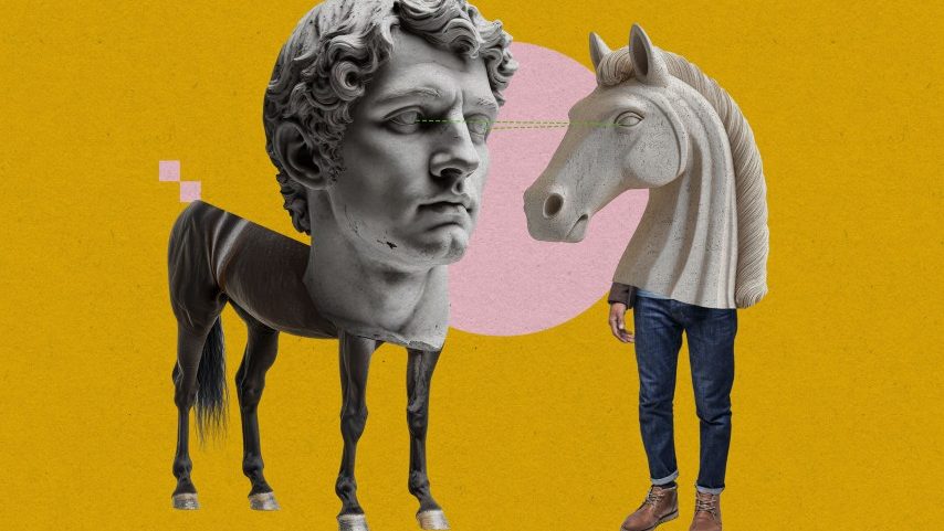 Uma escultura de busto humano sobre pernas de cavalo e um cavalo de xadrez sobre pernas humanas se encaram. (Foto: Stephanie Arnett/MIT Technology Review | Adobe Stock)