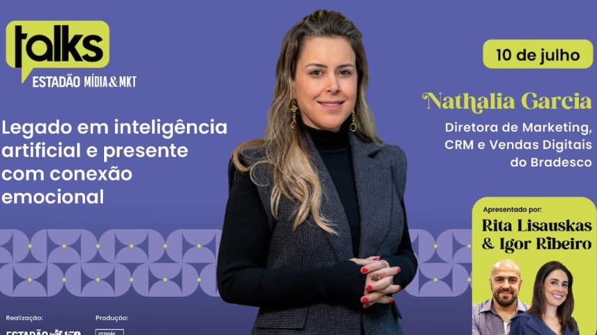 Nathalia Garcia, diretora de marketing do Bradesco, é entrevistada no Talks Estadão Mídia & Mkt (Foto: Arte/ Estadão)