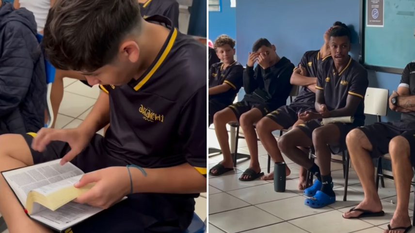 Os meninos durante o devocional. (Foto: Reprodução/Instagram/Gabriel Marques)