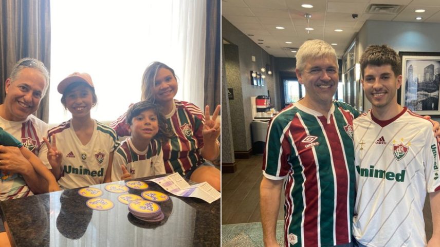 Glauber Azeredo com sua família, e Luís Cláudio Nova com o filho, saíram do Canadá para torcer pelo Fluminense (Foto: Diogo Dantas)