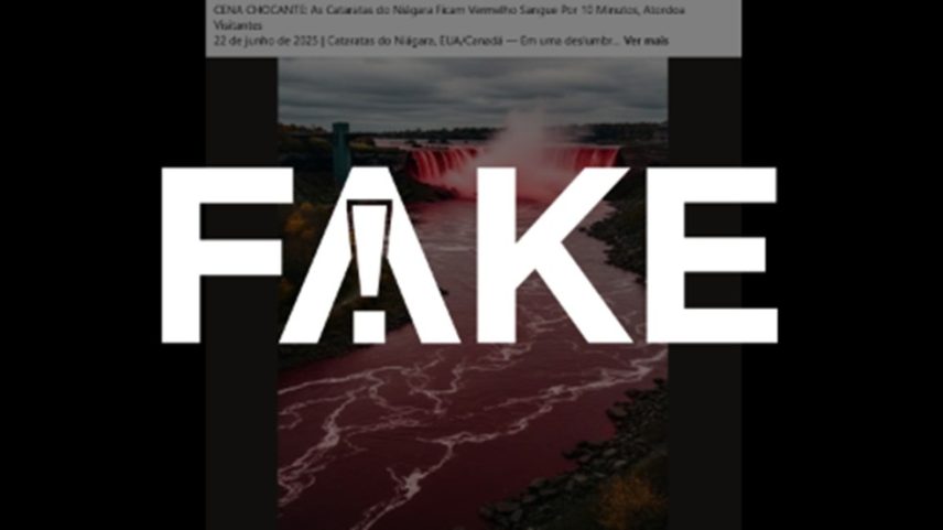 É #FAKE que águas das Cataratas do Niágara ficaram vermelhas; foto foi produzida com inteligência artificial (Foto: Reprodução)