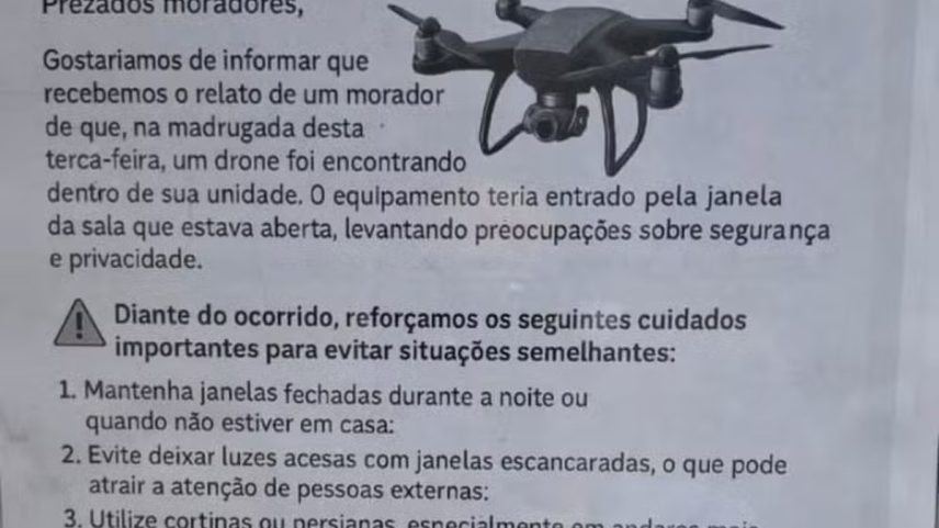 Síndico distribuiu folheto aos moradores após drone entrar na casa de morador de apartamento na Glória (Foto: Reprodução)
