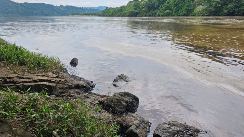 Manchas de óleo são vistas no Rio Esmeraldas após um vazamento de petróleo, no Equador (Foto: Julio Galarza / AFP)