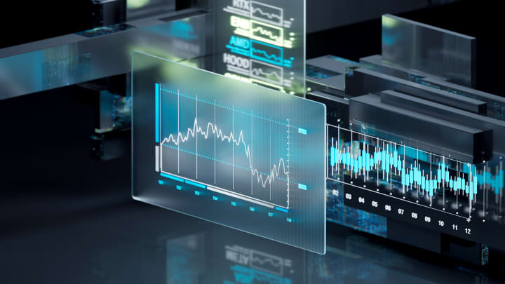 Imagem gerada digitalmente de um painel financeiro futurista com displays holográficos de vários gráficos do mercado de ações e visualizações de dados. A cena inclui gráficos detalhados com gráficos de linhas e barras, feeds de dados em tempo real e telas transparentes, indicando um ambiente de alta tecnologia e orientado por dados, adequado para análise financeira e negociação. (Foto: Eugene Mymrin | Moment | Getty Images)