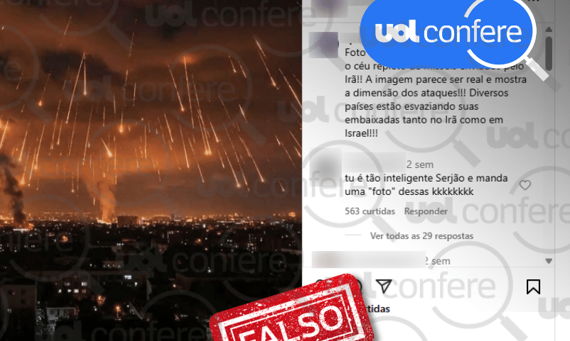 Imagem de ataque a Israel foi criada com IA (Foto: Arte/UOL Confere sobre reprodução/Instagram)