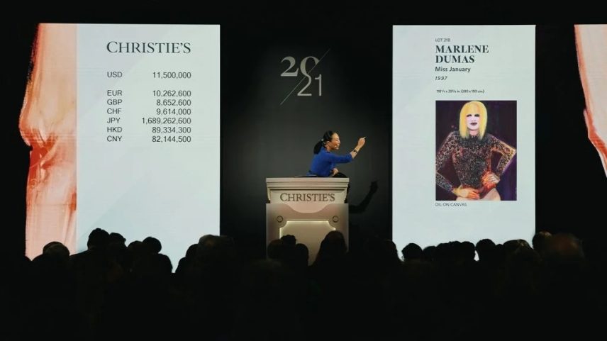 A obra Miss January, de Marlene Dumas (1997), foi vendida por US$ 13,6 milhões com taxas em maio e teve uma garantia de terceiro. (Foto: Christie’s Images Ltd. 2025)