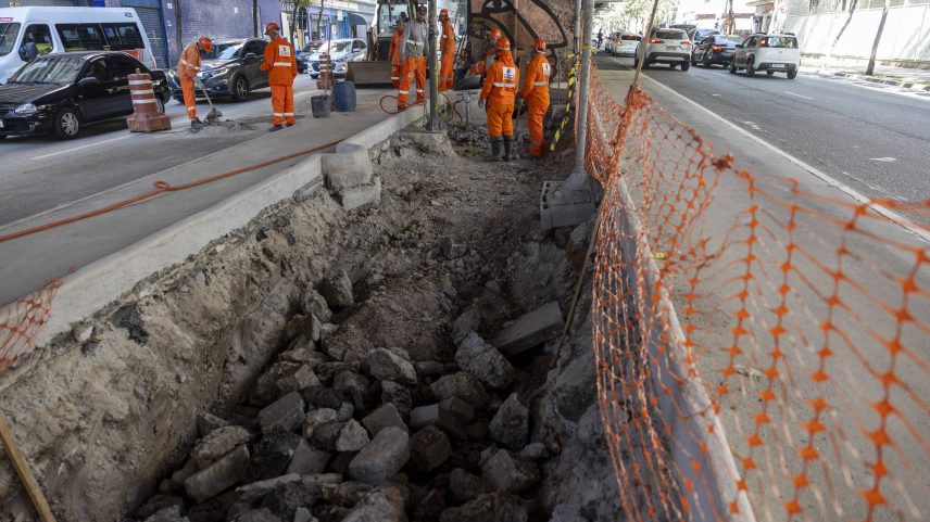 Funcionários da prefeitura trabalham no trecho final de implantação de jardins de inverno sob o elevado João Goulart, no centro de São Paulo (Foto: Danilo Verpa/Folhapress)