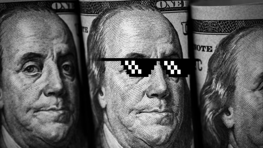 Close-up do retrato do rosto de Benjamin Franklin usando óculos escuros pixelados engraçados em uma nota de 100 dólares, em preto e branco. Dinheiro, histórico financeiro. Notas de cem dólares. (Foto: Techa Tungateja/Getty Images)