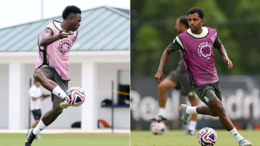 Vini Jfr e Rodrygo durante o treino do Real Madrid antes do confronto com a Juventus (Foto: Divulgação/Real Madrid)