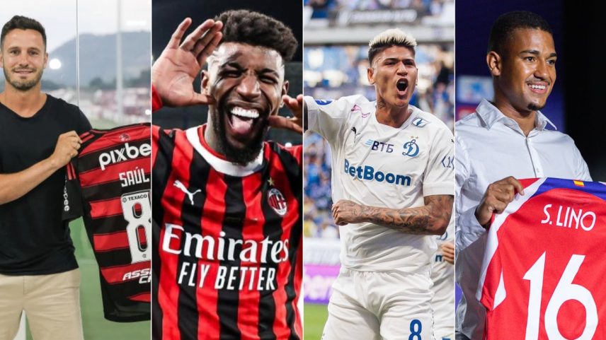 Saúl, Emerson Royal, Carrascal e Samuel Lino foram contratados — Foto: Gilvan de Souza/Flamengo; Reprodução; X/Dínamo Moscou; Divulgação/Atleti