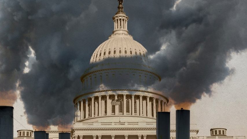 Uma ilustração fotográfica mostra chaminés ao redor do edifício do capitólio - Foto Ilustração de Sarah Rogers / MITTR | Fotos Getty