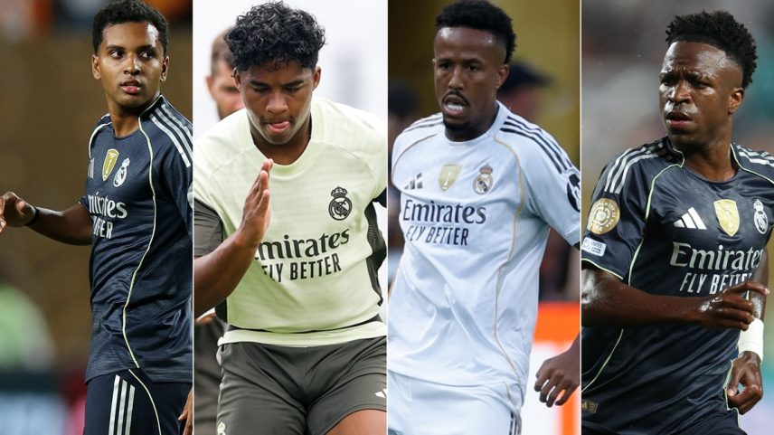 Rodrygo, Endrick, Militão e Vini Jr: os brasileiros do Real Madrid (Foto: Fotos de AFP e Divulgação/Real Madrid)