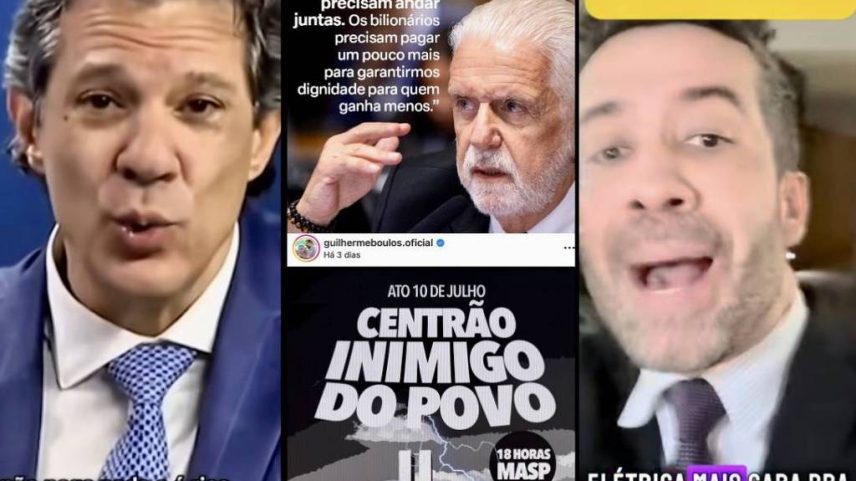 Governistas e petistas inundam suas redes sociais com o mote ricos x pobres, em defesa do governo Lula (Foto: Reprodução/@fernandohaddadoficial, @guilhermeboulos.oficial, @jaqueswagner e @andrejanones no Instagram)