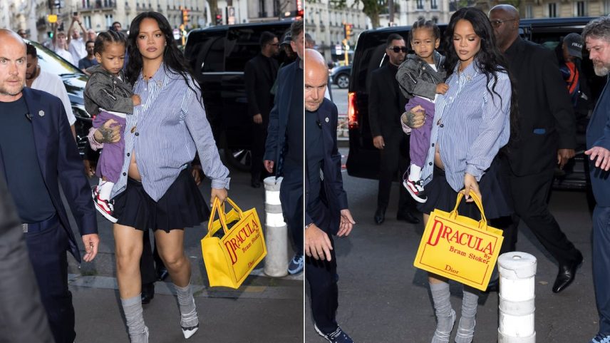 A cantora Rihanna e seu filho, Riot, no desfile de AWGE Menswear da semana de moda de Paris (França), em 27 de junho de 2025. (Foto: Getty Images)