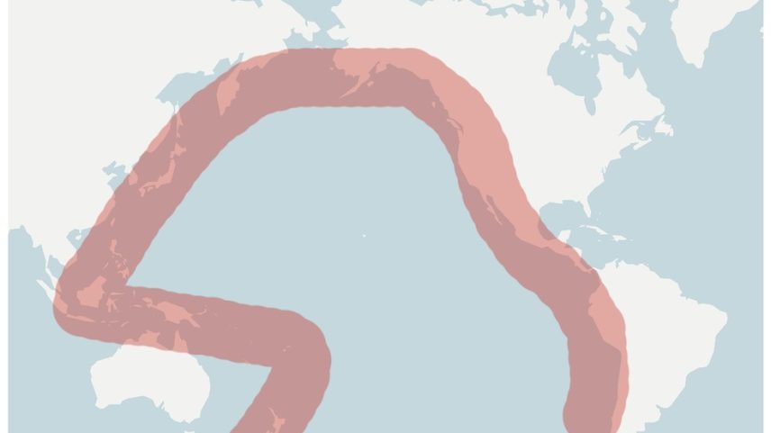 Mapa identifica a região do Círculo de Fogo do Pacífico (Foto: Ciência/G1)