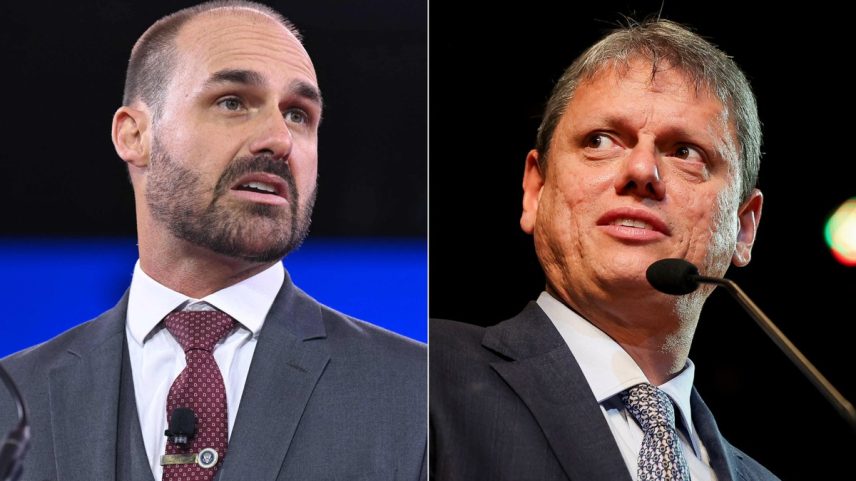 Deputado federal licenciado Eduardo Bolsonaro (PL-SP) e o governador de São Paulo, Tarcísio de Freitas (Republicanos) (Foto: Saul Loeb/AFP e Pablo Jacob/Governo de São Paulo)