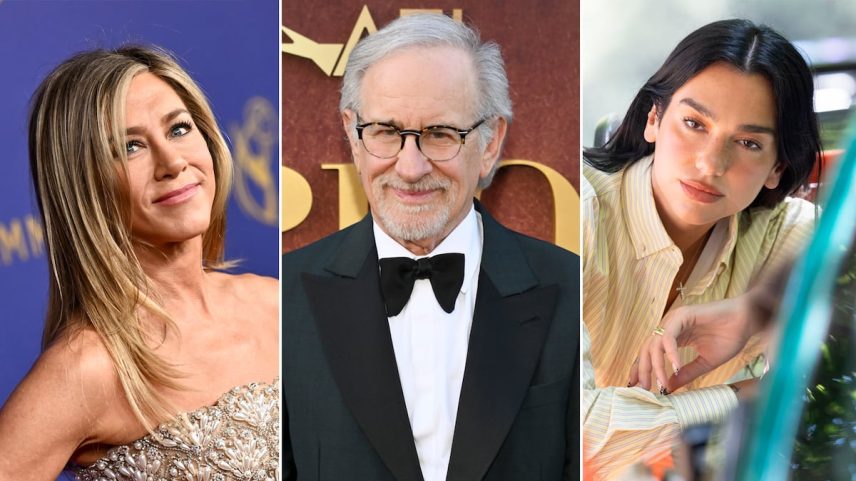 A partir da esquerda, a atriz Jennifer Aniston, o diretor Steven Spielberg e a cantora Dua Lipa. (Foto: Michael Buckner / Matt Alexander (Getty Images))