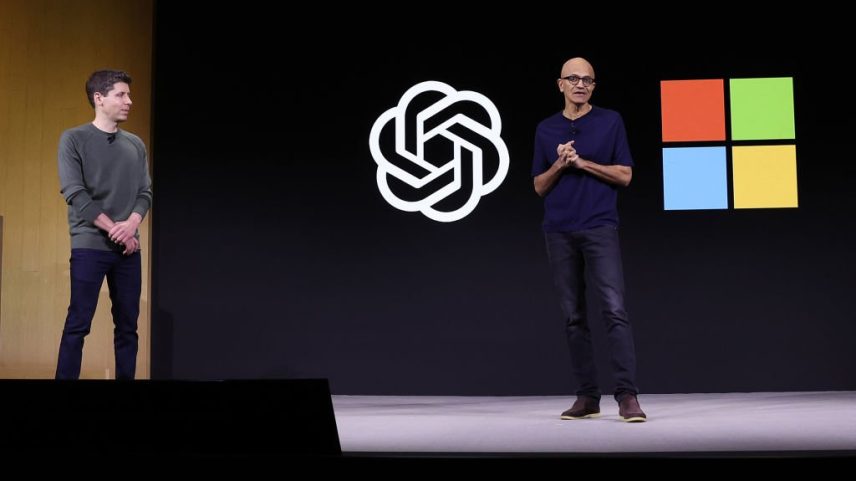 Sam Altman e Satya Nadella: CEOs da OpenAI e da Microsoft (Foto: Justin Sullivan/Getty Images)