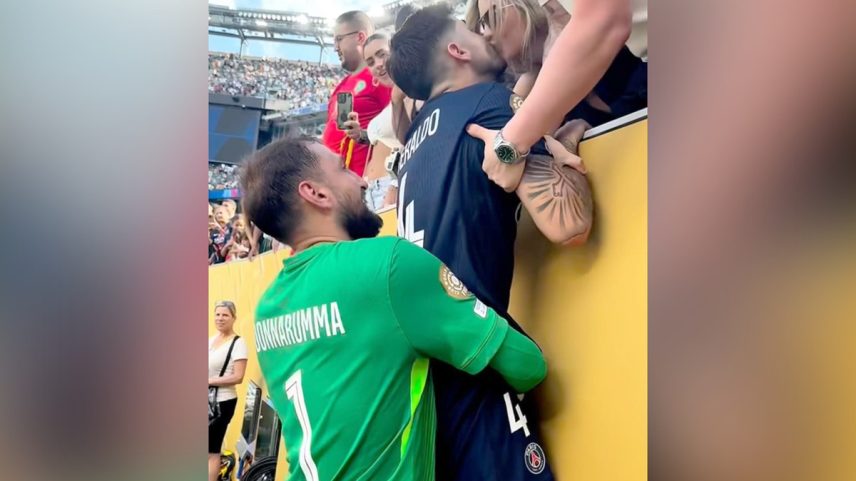 Donnarumma ergue Lucas Beraldo para que ele conseguisse beijar a mulher (Foto: Reprodução)