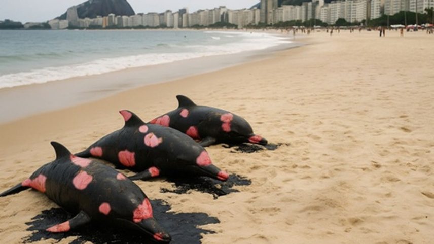 Ação da Anistia Internacional leva botos cobertos de petróleo para Copacabana (Foto: Divulgação)