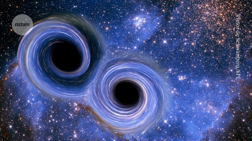 Impressão artística da fusão de dois buracos negros, que pode ser detectada na Terra através das ondas gravitacionais criadas pela colisão. (Foto: Victor de Schwanberg/SPL)