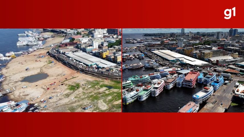 Comparativo mostra Manaus na seca de 2024 e na cheia de 2025 (Foto: Rede Amazônica)