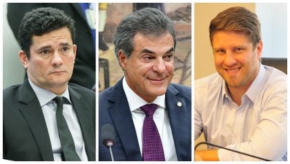 Sergio Moro tem vantagem na disputa pelo governo do Paraná; Beto Richa e Requião Filho empatam na 2ª posição. (Foto: Lula Marques/Agência PT; Claudio Reis/Câmara dos Deputados; e Pedro de Oliveira/Alep)