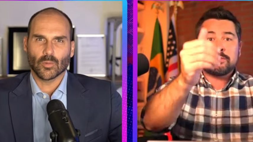 Eduardo Bolsonaro e Paulo Figueiredo em entrevista ao podcast Inteligência Ltda. (Foto: Reprodução Inteligência Ltda. via Youtube)