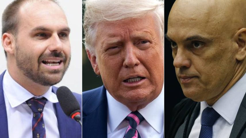 Eduardo Bolsonaro, Donald Trump e Alexandre de Moraes — Foto: Gilmar Felix/Agência O Globo; Saul Loeb/AFP e Jorge William/Agência O Globo