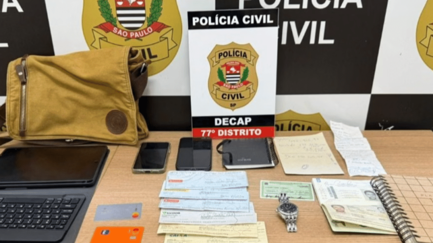Cheques que somam mais de R$ 1 milhão foram apreendidos com o suspeito (Foto: Divulgação/Polícia Civil de São Paulo)