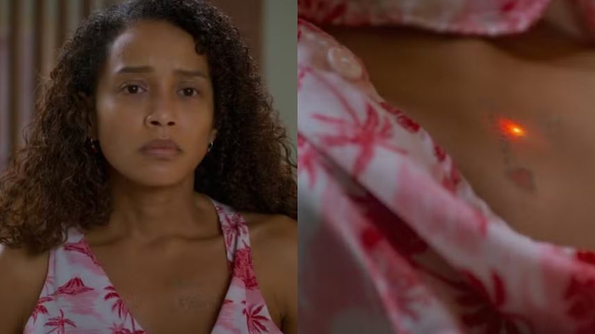 Raquel (Taís Araujo) retirou a tatuagem com o nome de Maria de Fátima (Bella Campos) — Foto: Reprodução Globo