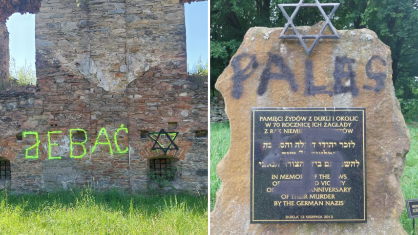 A palavra “PALESTINA” e a Estrela de Davi foram pichadas com tinta preta no memorial. (Foto: Facebook/Jacek Koszczan)
