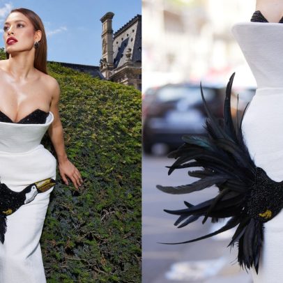 Beatriz Reis brilha na semana de moda em Paris com vestido de tucano brasileiro