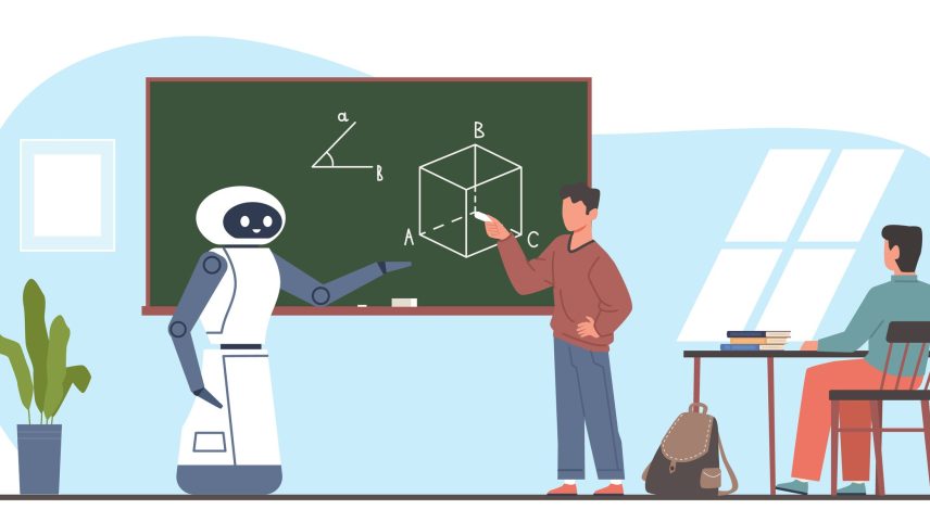 IA Inteligência Artificial - Professor robô e alunos trabalham juntos no quadro negro em sala de aula. Educação do futuro em escola ou faculdade, ilustração em estilo cartoon de tecnologia de inteligência artificial. (Foto: GettyImages/Divulgação)