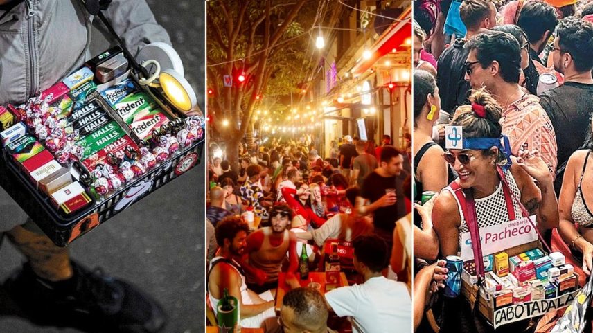 Baleiros vendem remédio escondido na rampa do Maracanã; na Arnaldo Quintela, anúncio é feito em voz alta; no último carnaval, remédio virou fantasia — Foto: Montagem com fotos de Alexandre Cassiano e reprodução