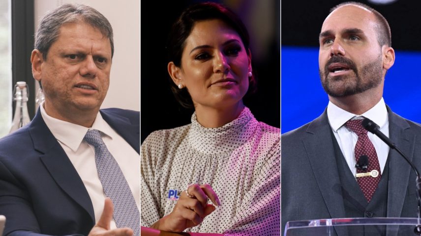Governador de São Paulo, Tarcísio de Freitas (Republicanos), a ex-primeira-dama Michelle Bolsonaro (PL) e o deputado federal licenciado Eduardo Bolsonaro (PL-SP) (Foto: Vinicius Rosa/Governo do Estado de SP, Cristiano Mariz/O Globo e Saul Loeb/AFP)