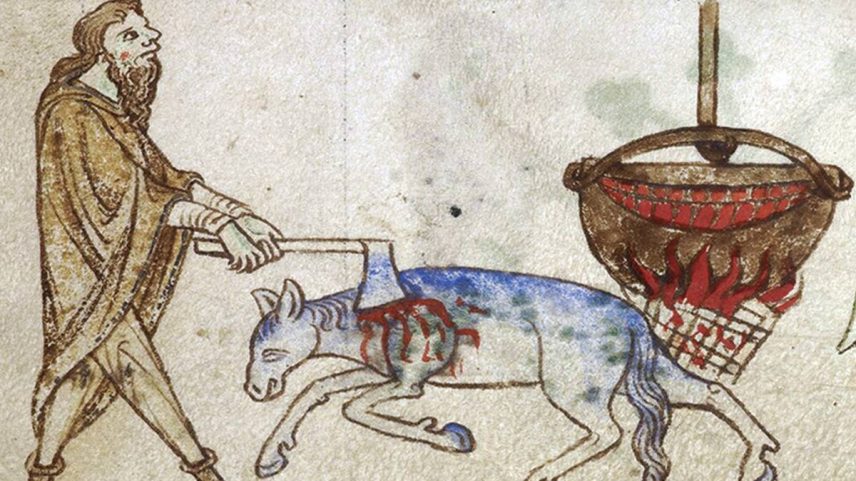 Representação do início do século 13 de cerimônia em que havia o consumo de carne de cavalo (Foto: British Library Royal)