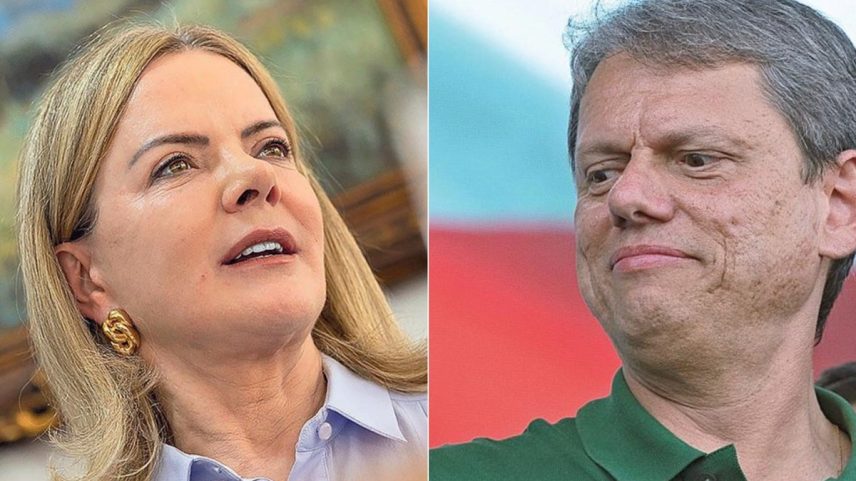 Ministra das Relações Institucionais, Gleisi Hoffmann (à esquerda), e o governador de São Paulo, Tarcísio de Freitas (à direita) (Foto: Wenderson Araújo e Edilson Dantas)