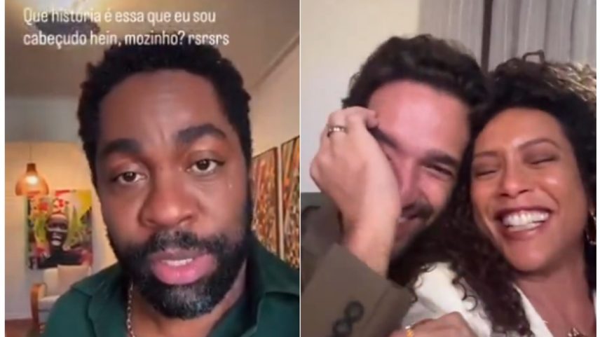 Postagem de Lázaro Ramos e Taís Araujo, com Humberto Carrão, sobre tamanho de cabeça (Foto: Reprodução Instagram)