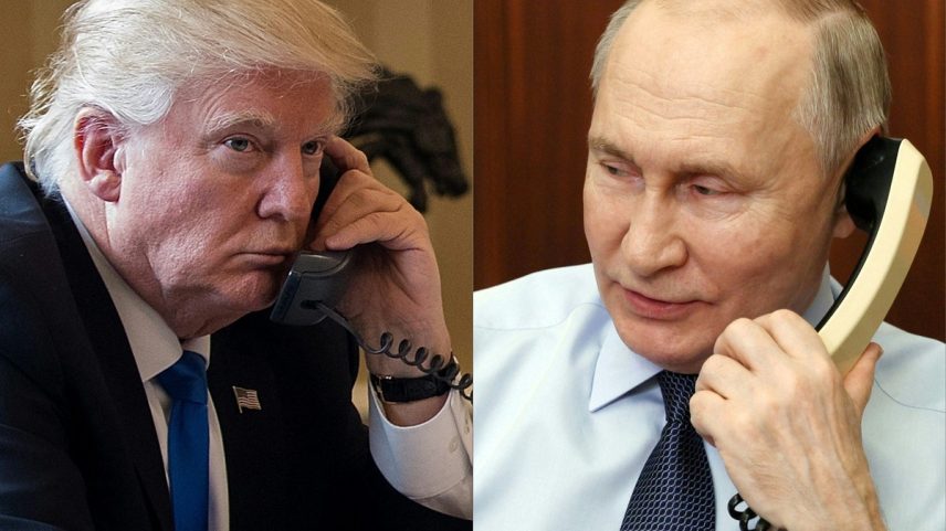 Combinação de fotos mostra o presidente Donald Trump ao telefone, em 28 de janeiro de 2017, e o presidente russo, Vladimir Putin, ao telefone em Moscou, em 27 de dezembro de 2023 (Foto: Drew Angerer e Gavriil Grigorov/AFP).