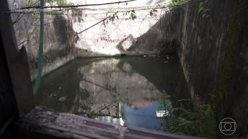Quintal de Maria Alzira, que agora está cheio de água esverdeada (Foto: Reprodução/TV Globo)